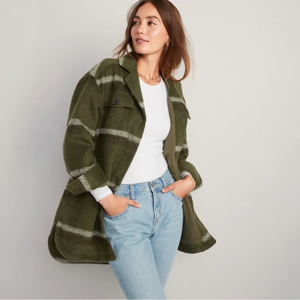 Old Navy Printed Flannel Long Utility in Olive Stripe Shacket Women’s Size XS